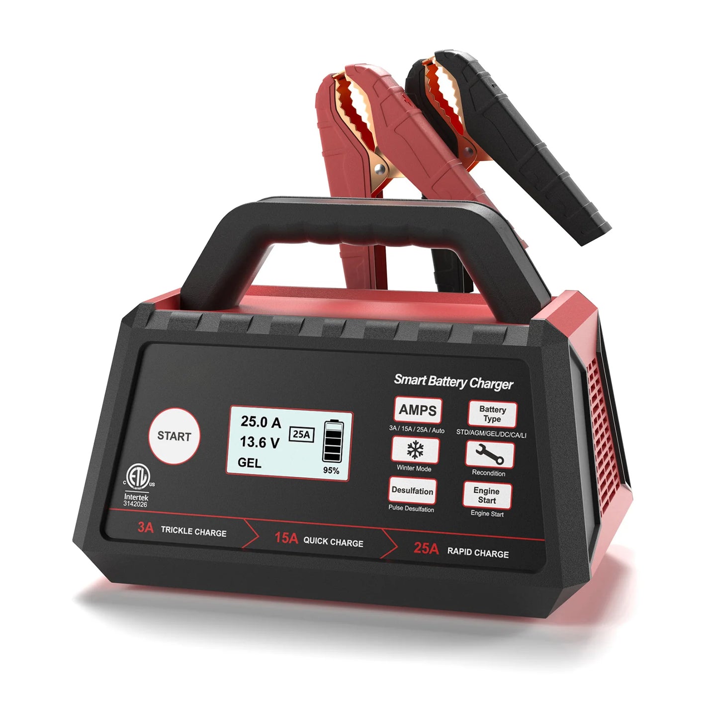 BC0253-1：3/15/25 Amp Car Battery Charger, 12V Fully Automatic Smart Battery Maintainer with Engine Start, Auto Desulfator, Battery Repair, for All Lead-Acid and LiFePO4 Batteries