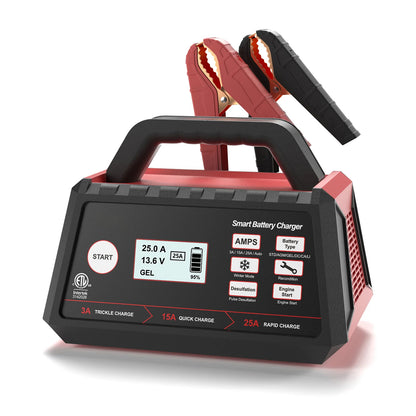 BC0253-1：3/15/25 Amp Car Battery Charger, 12V Fully Automatic Smart Battery Maintainer with Engine Start, Auto Desulfator, Battery Repair, for All Lead-Acid and LiFePO4 Batteries